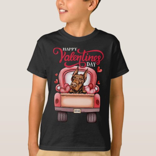 Red Truck Happy Valentines Day Doberman Pinscher D T_Shirt