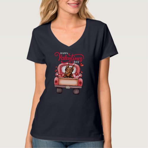 Red Truck Happy Valentines Day Doberman Pinscher D T_Shirt