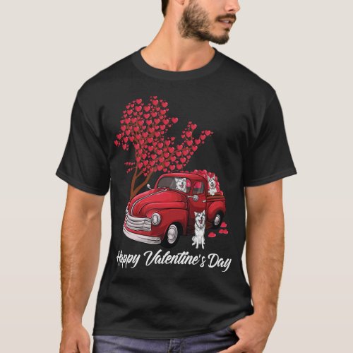 Red Truck Happy Valentines Day husky dog lover hea T_Shirt