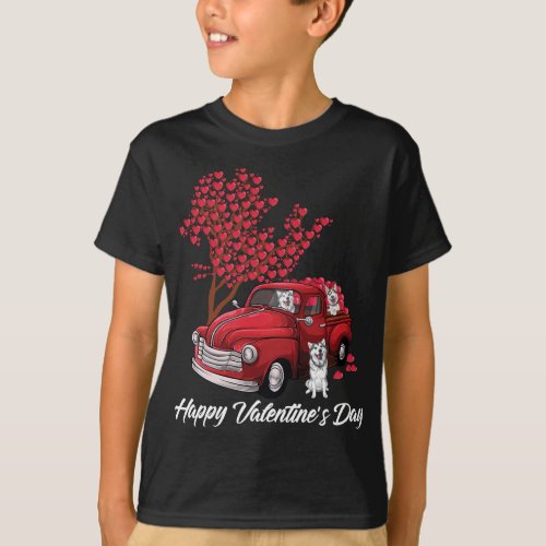 Red Truck Happy Valentines Day husky dog lover hea T_Shirt