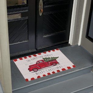 Red Truck Hauling Christmas Tree Door Mat