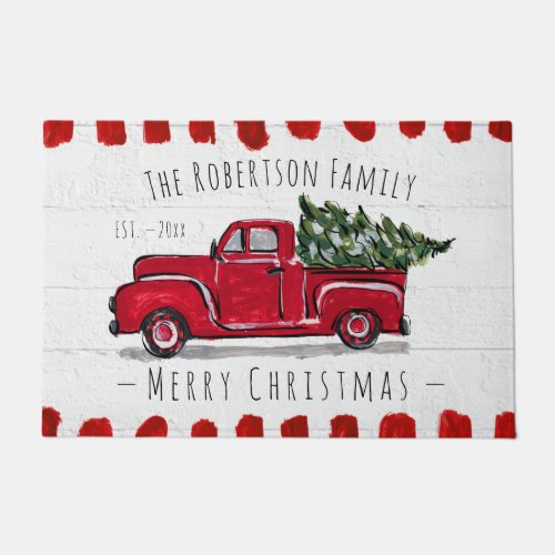 Red Truck Hauling Christmas Tree Door Mat