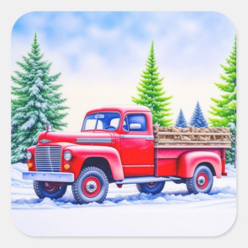 Red Truck Hauling Firewood Christmas Square Sticker