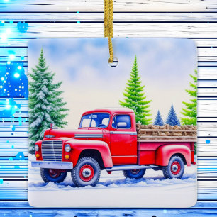 Red Truck Hauling Firewood Personalized Christmas Ceramic Ornament