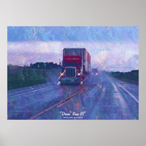 Red Truck Highway Driving in the Rain Art Poster 3