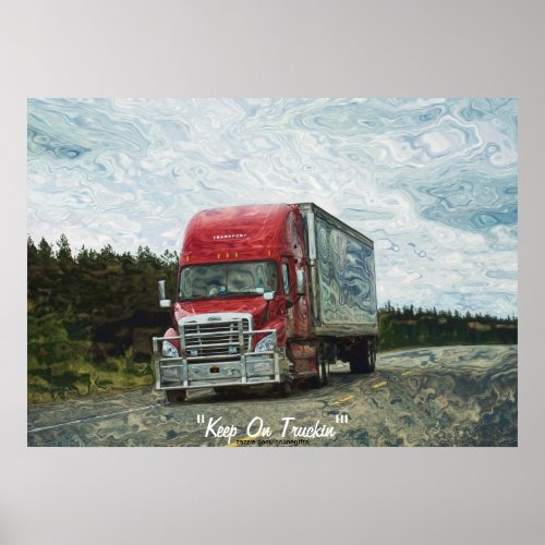 Red Truck Highway Driving Transport Art Poster