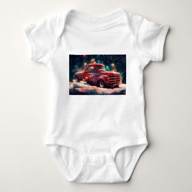 Red Truck In The Snow At Christimas Time Baby Bodysuit (Front)