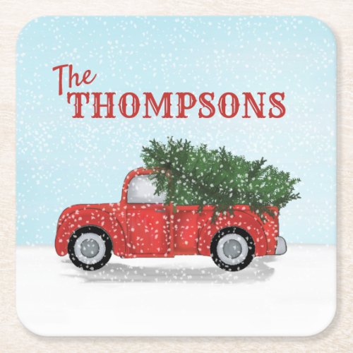 Red Truck in Winter Snowflakes Personalized Cute Square Paper Coaster