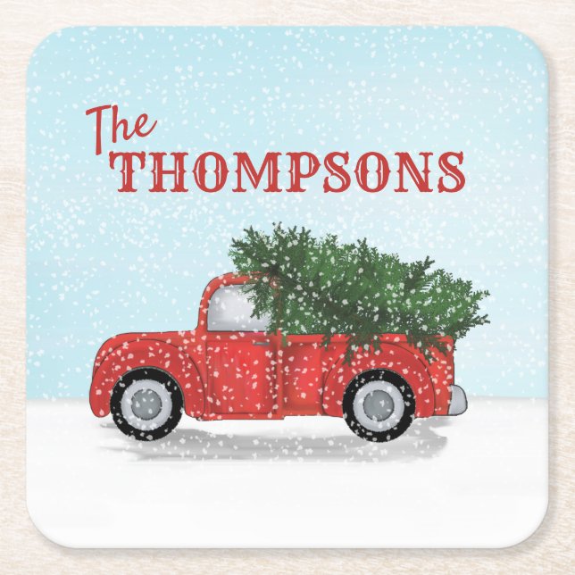 Red Truck in Winter Snowflakes Personalized Cute Square Paper Coaster (Front)