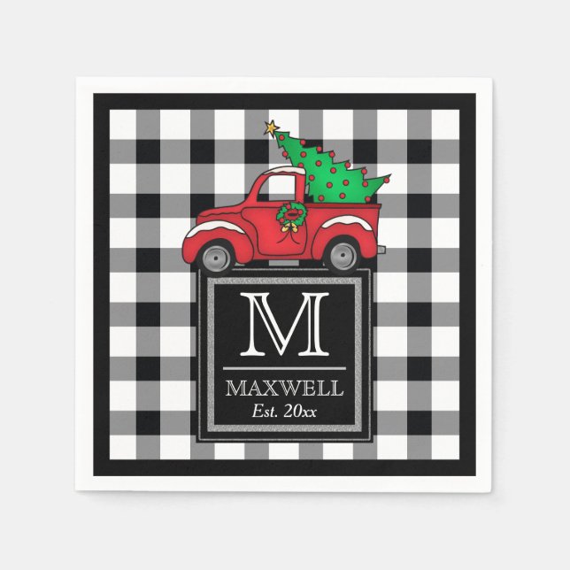 Red Truck | Medium Rustic Buffalo Checks Monogram  Napkins (Front)