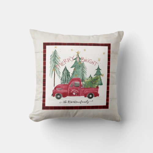 Red Truck Merry Bright Plaid Gnome Farmhouse Wood Throw Pillow