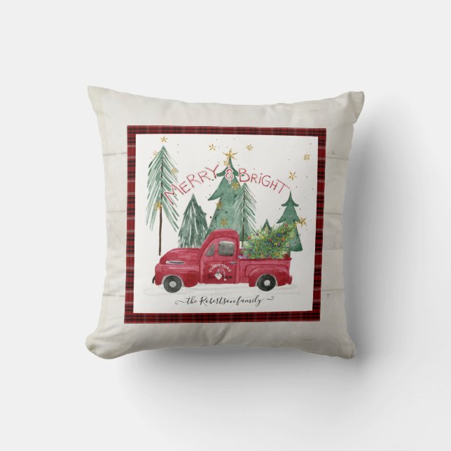 Red Truck Merry Bright Plaid Gnome Farmhouse Wood Throw Pillow (Front)