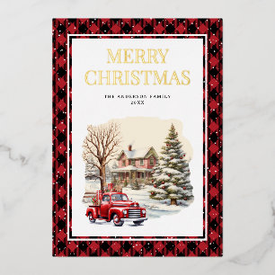 Red Truck Merry Christmas Buffalo Plaid Gold Foil Holiday Card