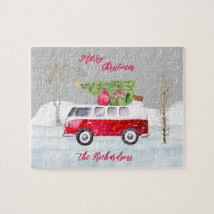 Red Truck Merry Christmas Gray Jigsaw Puzzle