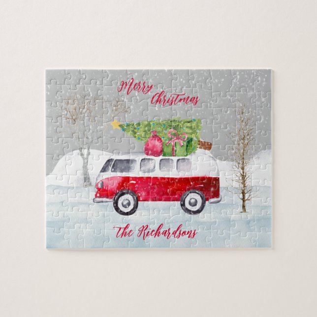 Red Truck Merry Christmas Gray Jigsaw Puzzle (Horizontal)