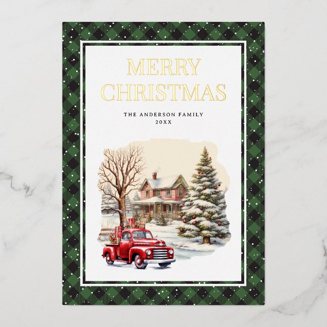 Red Truck Merry Christmas Green Buffalo Plaid Gold Foil Holiday Card (Front)