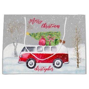 Red Truck Merry Christmas Grey Large Gift Bag