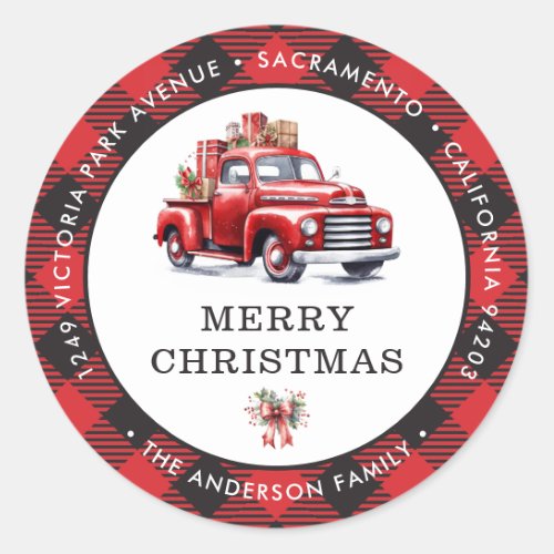 Red Truck Merry Christmas Plaid Return Address Classic Round Sticker