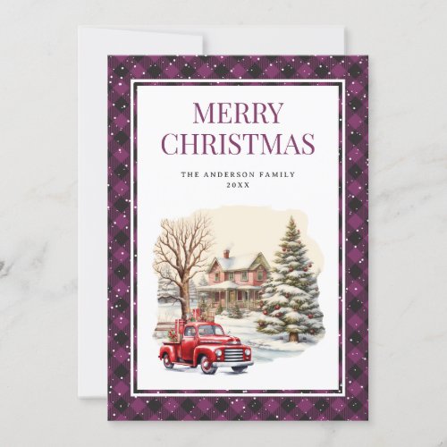 Red Truck Merry Christmas Purple Buffalo Plaid Holiday Card