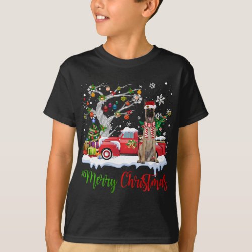 Red Truck Merry Christmas Tree Belgian Shepherd Pa T_Shirt