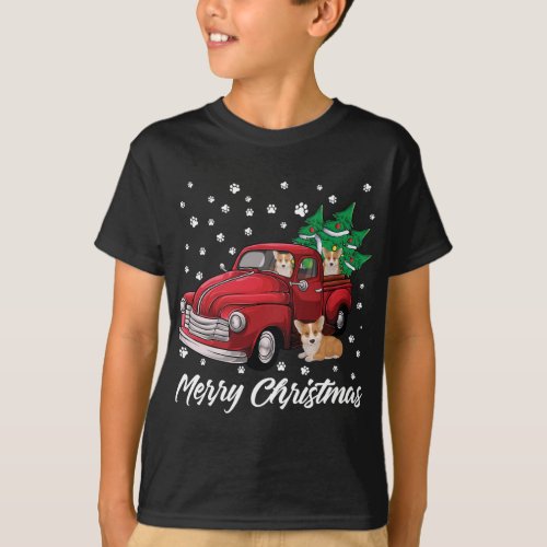 Red Truck Merry Christmas Tree Corgi Dog Christmas T_Shirt