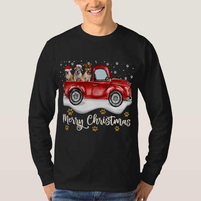 Red Truck Merry Christmas Tree English Bulldog T-Shirt (Front)