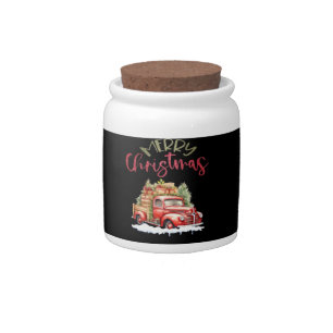 Red Truck Merry Christmas Tree Santa Cute Vintage  Candy Jar