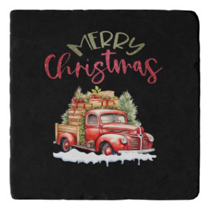 Red Truck Merry Christmas Tree Santa Cute Vintage Trivet