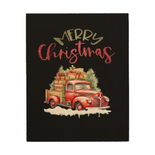 Red Truck Merry Christmas Tree Santa Cute Vintage  Wood Wall Art