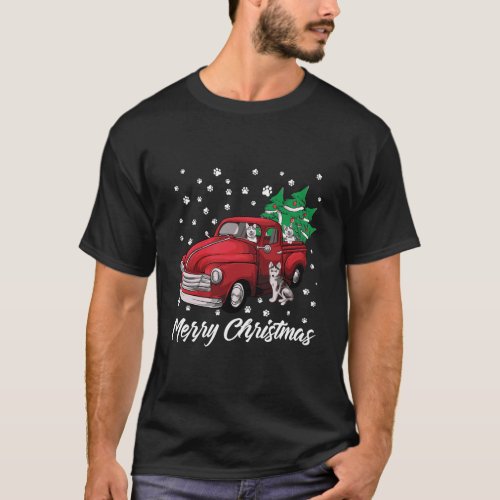 Red Truck Merry Christmas Tree Siberian Husky Dog  T_Shirt
