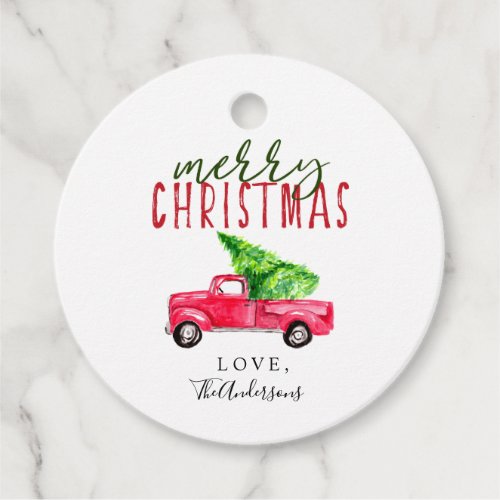 Red Truck Merry Christmas tree Watercolor cute Favor Tags