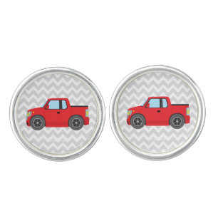 Red Truck on Gray and White Chevron Stripes Cufflinks