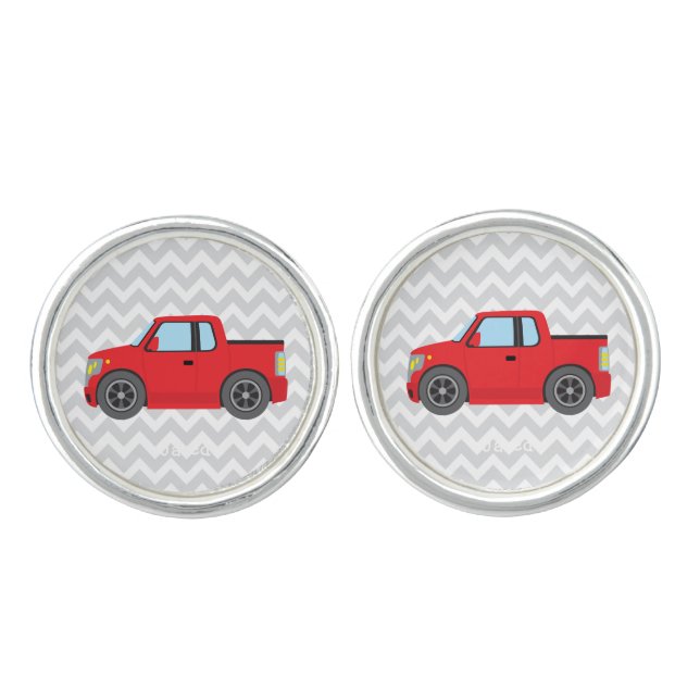 Red Truck on Gray and White Chevron Stripes Cufflinks (Front)