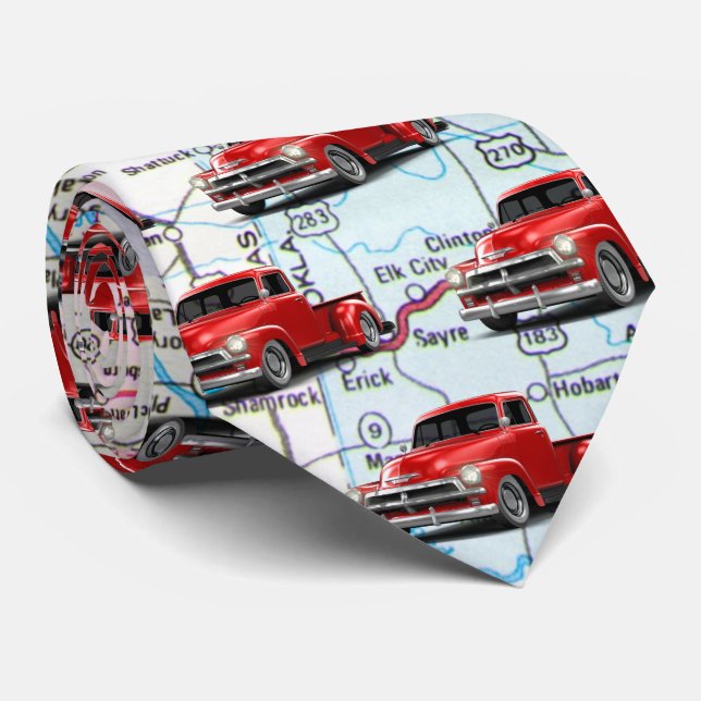 Red Truck On Map Neck Tie (Rolled)