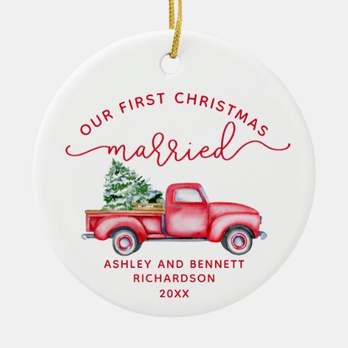 Red Truck Our First Christmas Married Photo  Ceramic Ornament