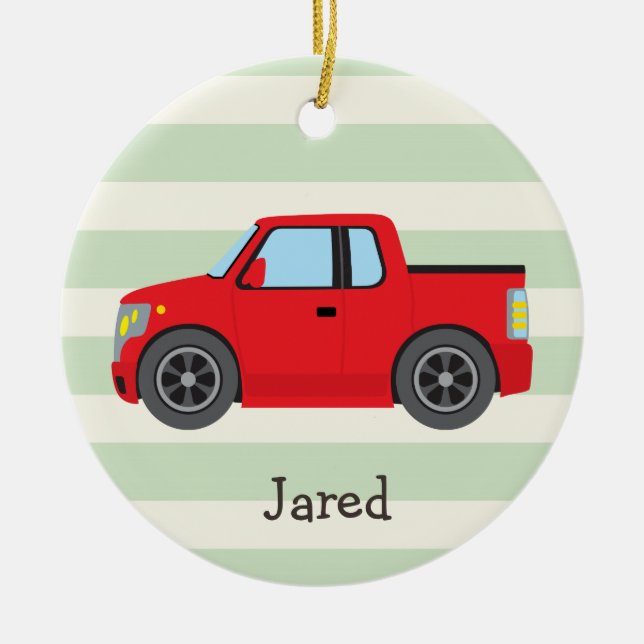 Red Truck; Pastel Green Stripes Ceramic Ornament (Front)