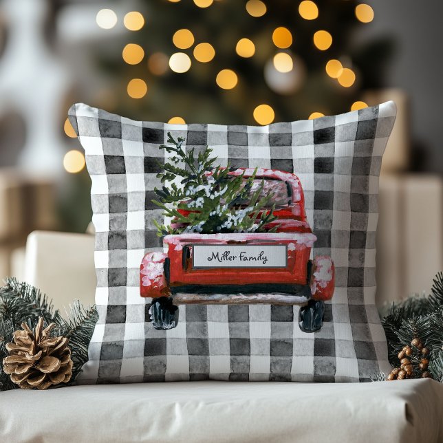 Red Truck Personalized Christmas Tree Throw Pillow (Creator Uploaded)