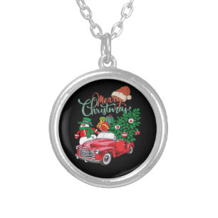 Red Truck Pickup Christmas Tree Merry Christmas Sn Silver Plated Necklace