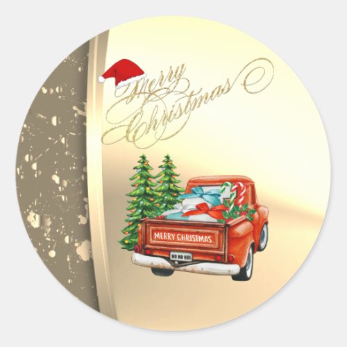 Red Truck Pine Tree Christmas  Faux Gold Classic Round Sticker