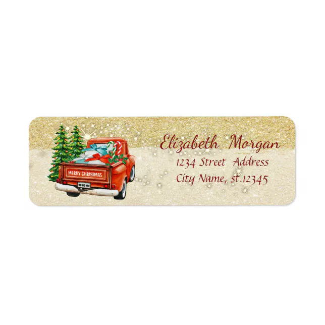 Red Truck Pine Tree Christmas ,Glittery Label | Zazzle