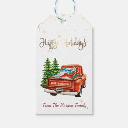 Red Truck Pine Tree Christmas Happy Holidays Gift Tags