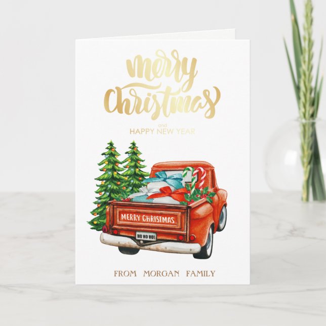 Red Truck Pine Tree Christmas Holiday Card (Front)