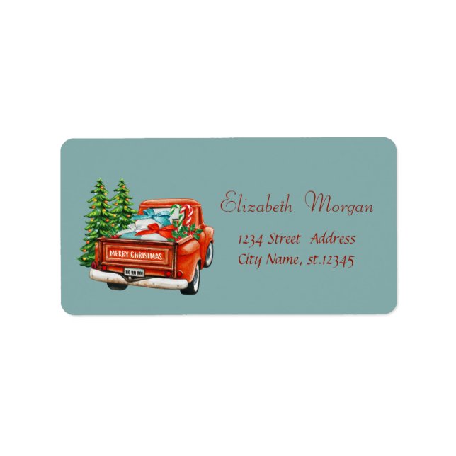 Red Truck Pine Tree Christmas Label (Front)