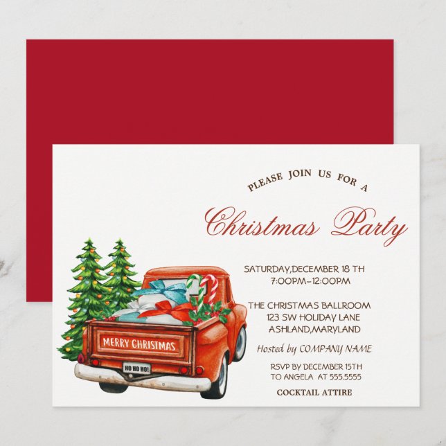 Red Truck Pine Tree Christmas Party Invitation (Front/Back)