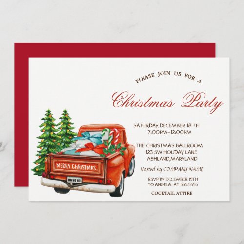Red Truck Pine Tree Christmas Party Invitation