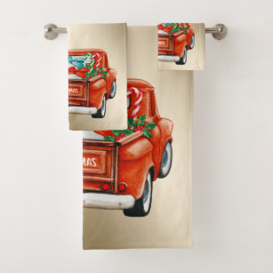 Christmas Red Vintage Truck Buffalo Plaid Add Name Bath Towel Set, Zazzle