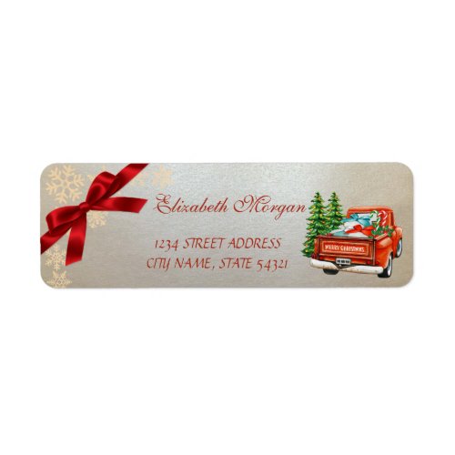 Red Truck Pine Tree Christmas SnowflakesBow Label