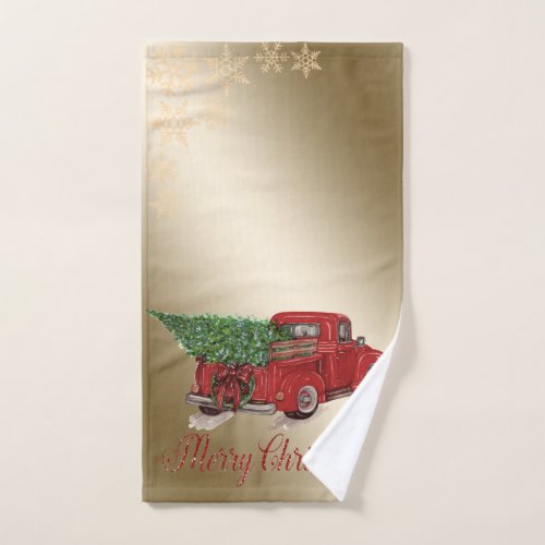 Red Truck Pine Tree Christmas SnowflakesGold Bath Towel Set