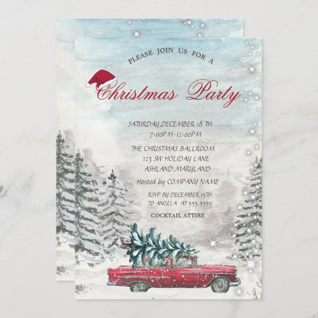 Red Truck Pine Tree Forest Christmas  Invitation (Front/Back)