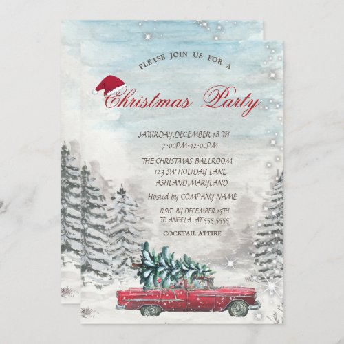 Red Truck Pine Tree Forest Christmas  Invitation
